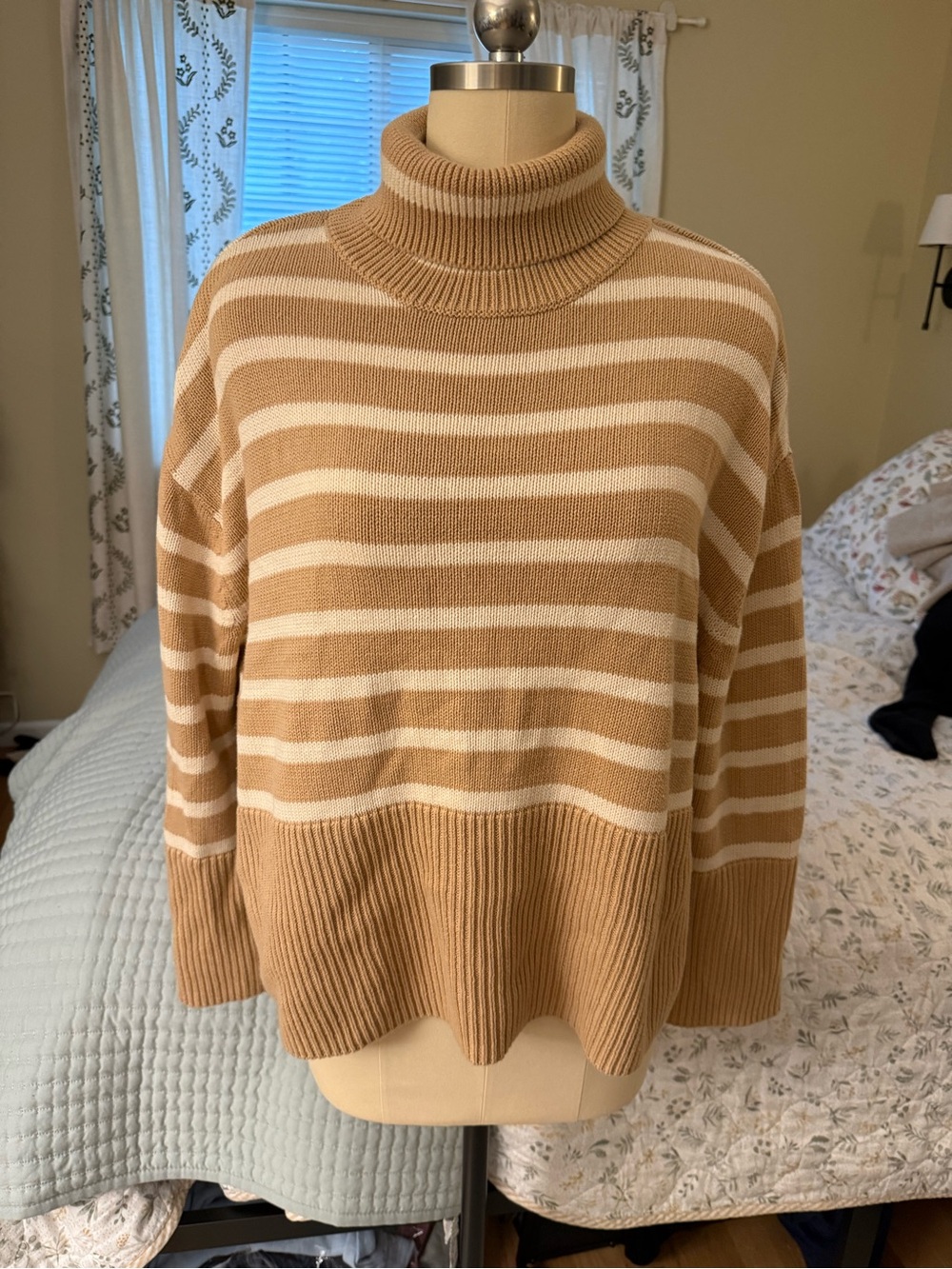 GAP 100% Cotton Striped Camel & Cream Turtleneck Sweater